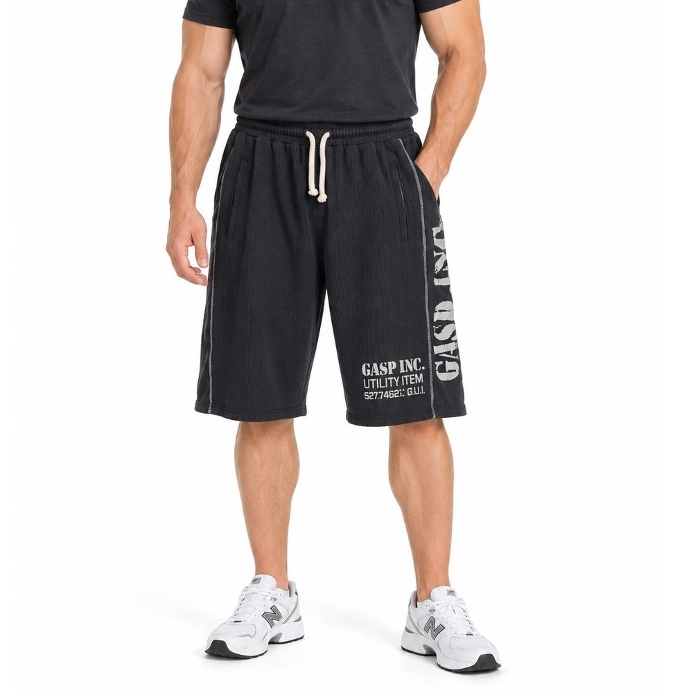 GASP Utility Shorts XL Black Waffle Knit Drawstring Zip Pockets Bodybuilding Gym